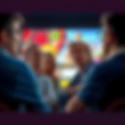 A group of Ontario residents looking annoyed while watching looping advertisements on a large screen, with a casino theme evident in the ads.