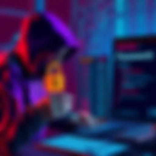 A visual representation of a cybersecurity threat showing a hacker stealing passwords and crypto data from a computer screen.