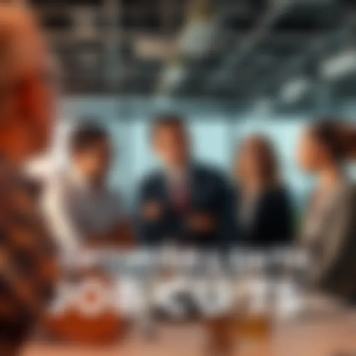 A group of businesspeople discussing changes in a modern office, with some looking concerned, symbolizing job cuts at Optimism.