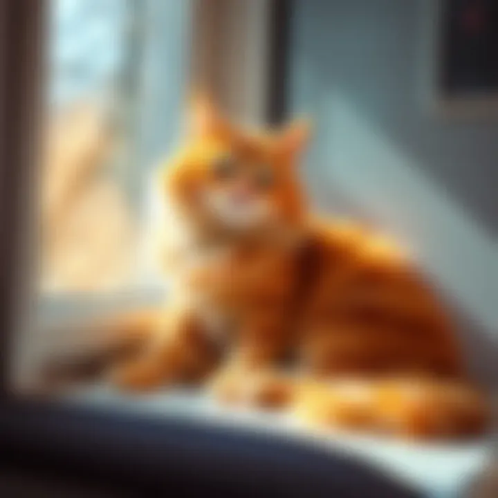 An orange cat lounging on a sunny windowsill, showcasing its fluffy fur and relaxed demeanor.