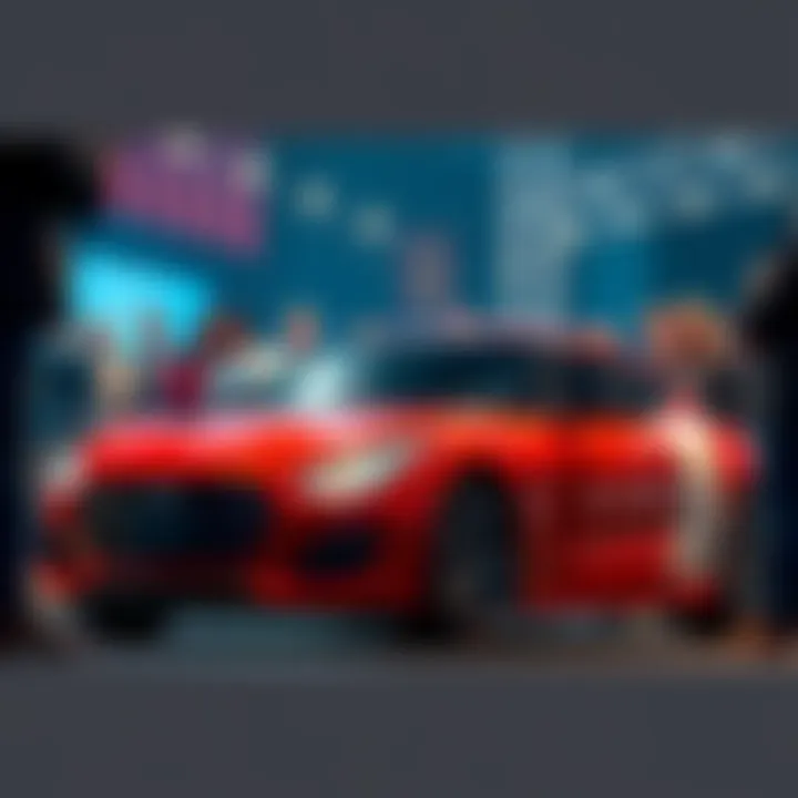 A popular car model being auctioned with enthusiastic bidders around it, showing high interest and excitement.