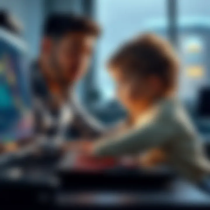 A parent looks surprised while trading DOGE on a computer. A toddler reaches for the keyboard, causing chaos. The screen shows a trading platform with DOGE prices.