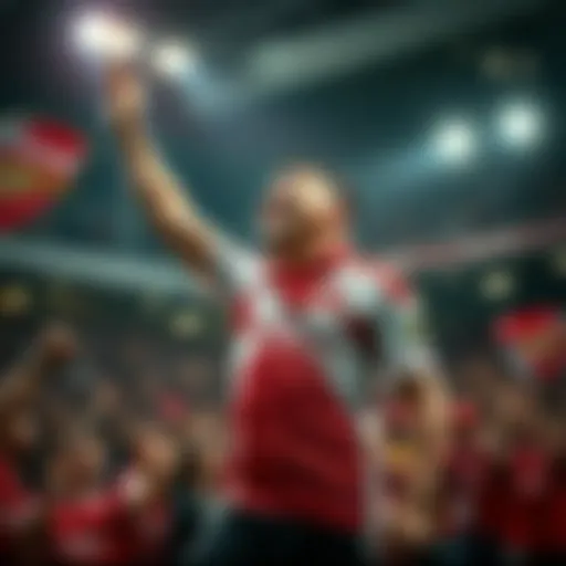A devoted Arsenal fan wearing a team jersey and celebrating during a match, surrounded by cheering supporters.
