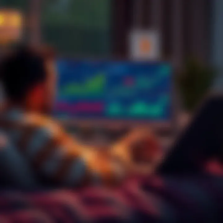 A person relaxing with a laptop, showing graphs and cryptocurrency symbols on the screen, representing earning money passively through crypto investments.