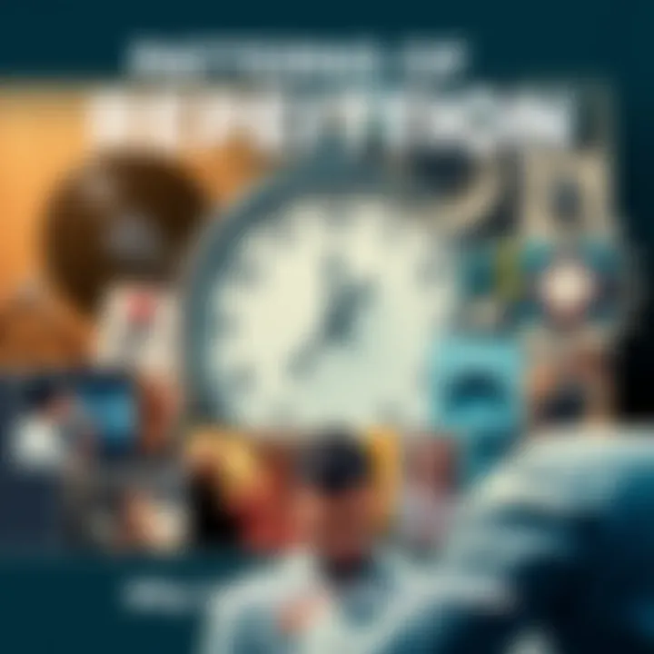 A collage showing various recurring life events such as a broken record, a clock going in circles, and a person looking frustrated while repeating the same tasks.