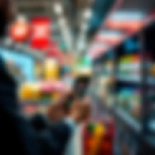 A person using a smartphone to pay for groceries with ADA cryptocurrency at a checkout counter