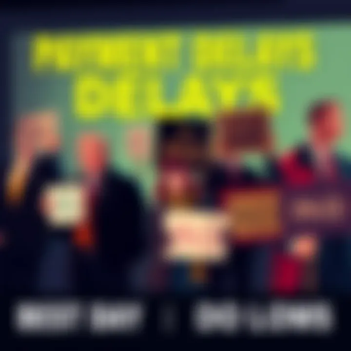 Group of people discussing payment delays and lack of PAID posts for over 30 days, holding signs for action.