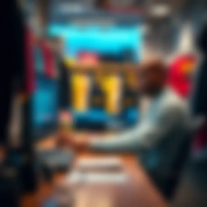 A clothing store owner uses a computer to integrate the Pi Network payment system for automated transactions.