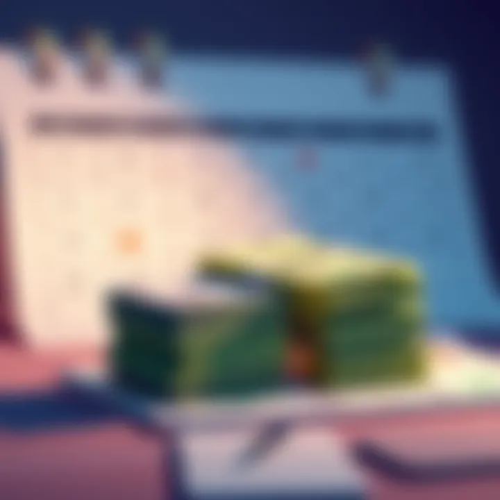 A graphic showing two stacks of money representing two payouts received in a year, with a calendar in the background depicting two months marked for payouts.