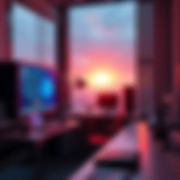 A personal computer set up for cryptocurrency mining in an office environment with solar panels visible outside the window