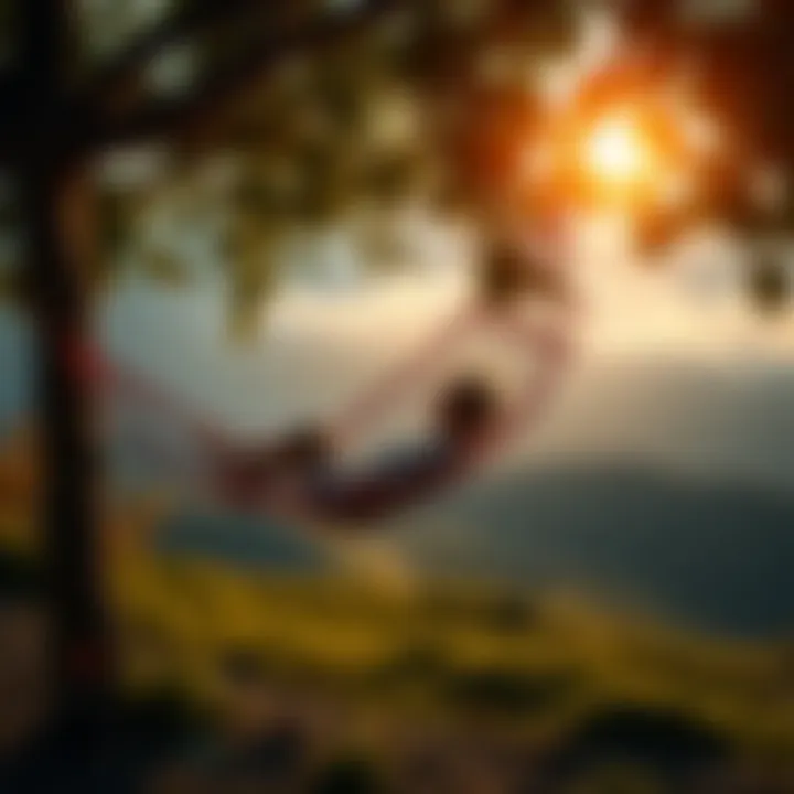 A serene landscape with a person relaxing in a hammock surrounded by nature, symbolizing the desire for a peaceful retirement.