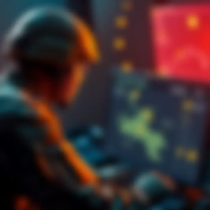 Pentagon's Mission to Recover Bitcoin A soldier looking at a computer screen displaying Bitcoin symbols and maps of Venezuela, illustrating a military operation.