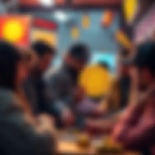 A group of people setting up Bitcoin wallets and purchasing Bitcoin in a retro setting.