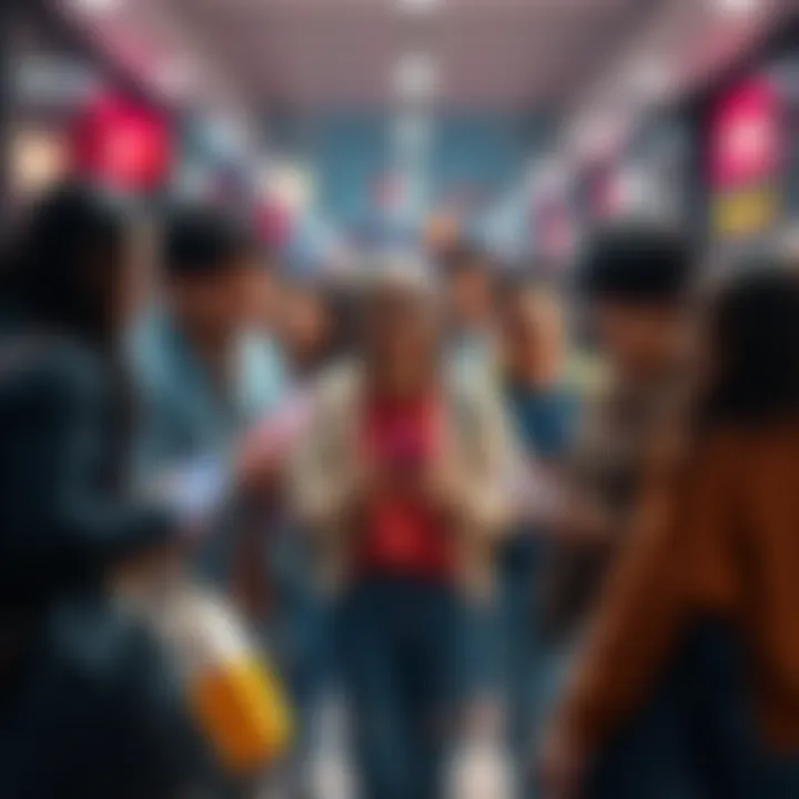 A diverse group of people engaged in shopping, holding various products in their hands, highlighting current buying trends.