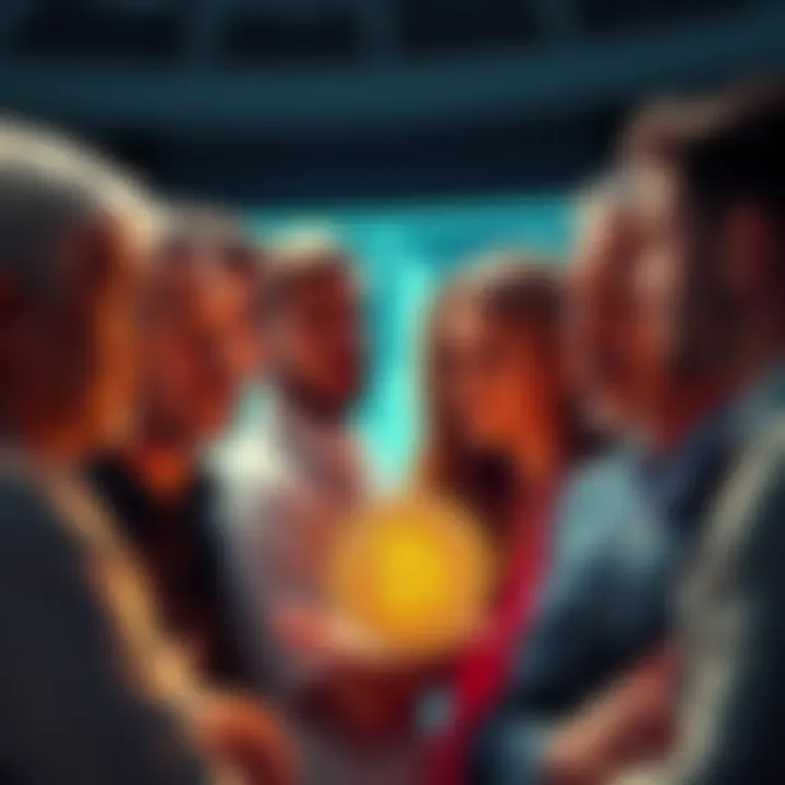 A group of people talking about Bitcoin, expressing different opinions and criticisms, with some having puzzled looks and others nodding in agreement.