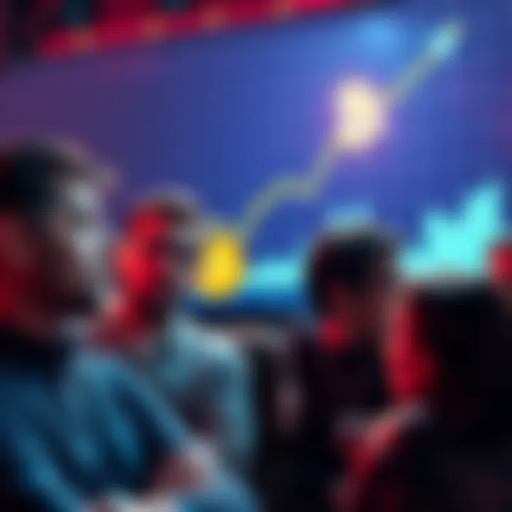A group of people looking frustrated while talking about Bitcoin prices, with a chart showing an upward trend in the background.