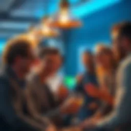 A group of people laughing and sharing predictions about Buttcoin investments at a casual gathering