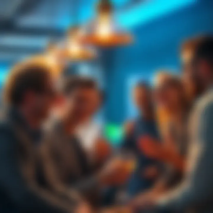 A group of people laughing and sharing predictions about Buttcoin investments at a casual gathering