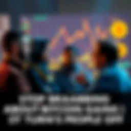 A group of diverse people having a conversation about cryptocurrency, with charts and graphs on a screen in the background, showing interest and engagement.