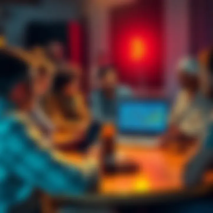 A group of diverse individuals sitting around a table, engaged in a conversation about Bitcoin and cryptocurrency, with a laptop open showing charts and graphs.