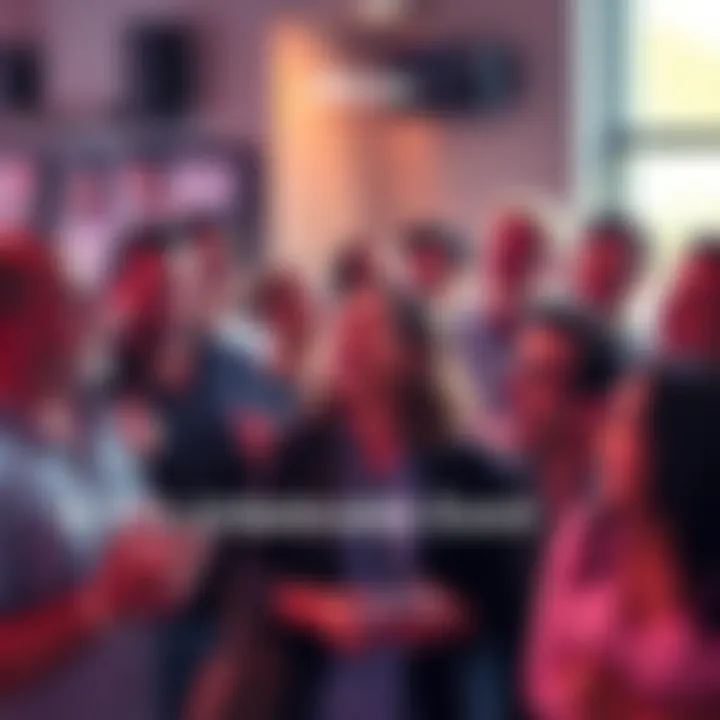 People discussing recent event A group of people engaging in lively discussions, showing excitement and surprise about a recent event. Some are smiling, while others look thoughtful, indicating various reactions.