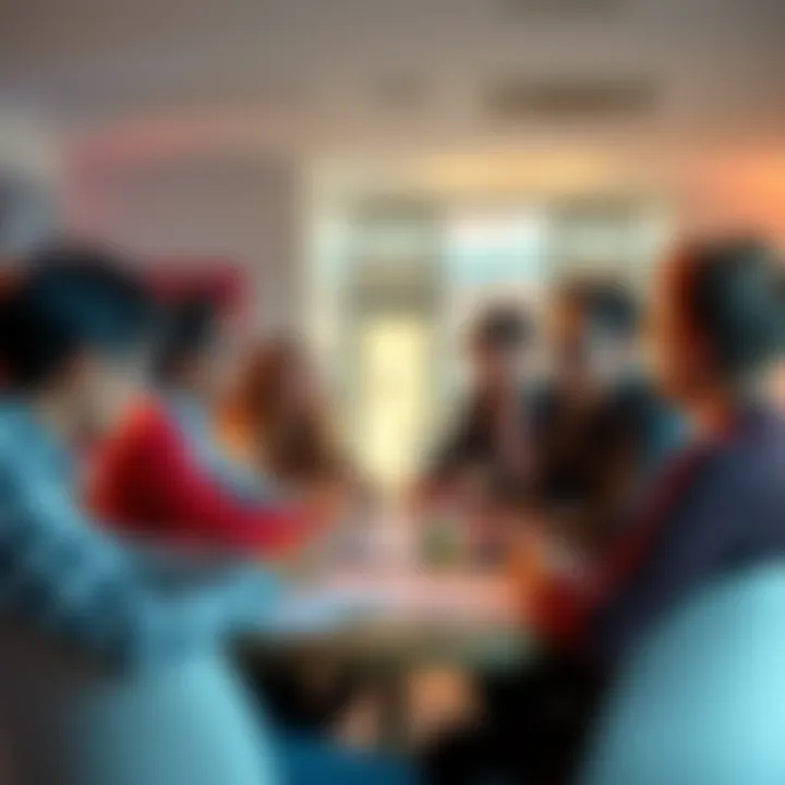A group of people engaged in conversation around a table, sharing opinions and ideas related to topics in online forums.