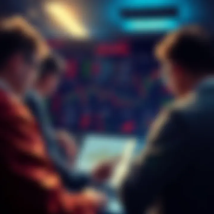 A group of people looking at charts and graphs related to prediction markets, showing concern and debate over societal values.