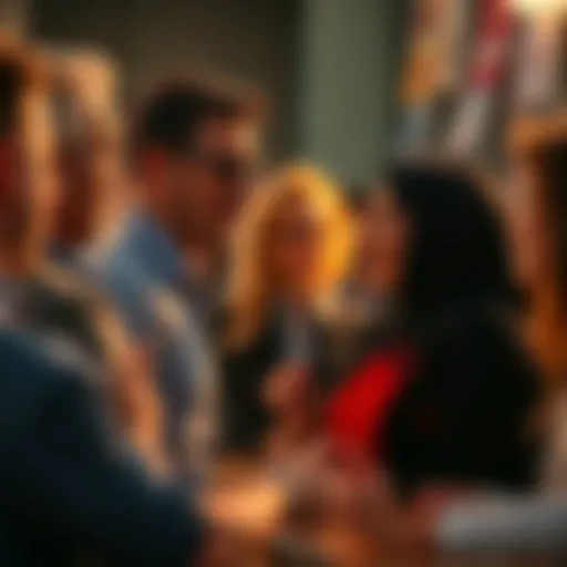 A group of people discussing and reacting to scams in a lively conversation, with expressions of shock and disbelief.