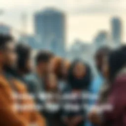 A group of diverse individuals engaged in a serious conversation about societal challenges, with a city backdrop