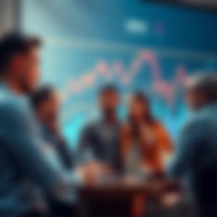 A group of people engaged in a discussion about trading ideas and strategies with charts and graphs in the background