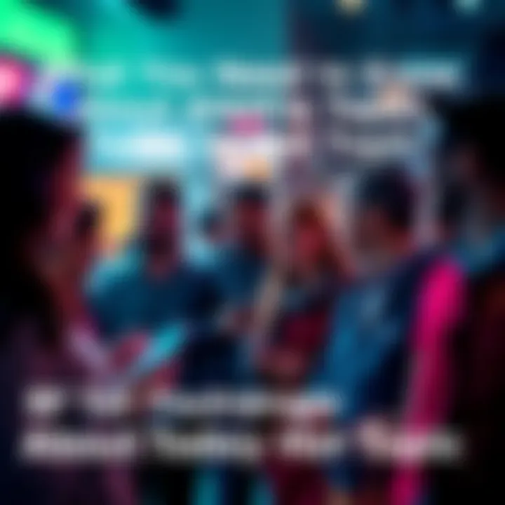 People discussing a trending topic A group of people engaged in conversation about the latest trending topic, with smartphones in hand.