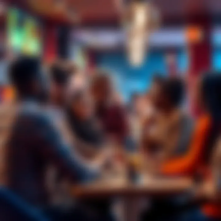 A group of diverse people engaged in a lively conversation about current trends and fads in a cafe setting