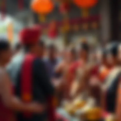 A group of people participating in a cultural ceremony, showing both joy and formality, with traditional attire and decorations around them.