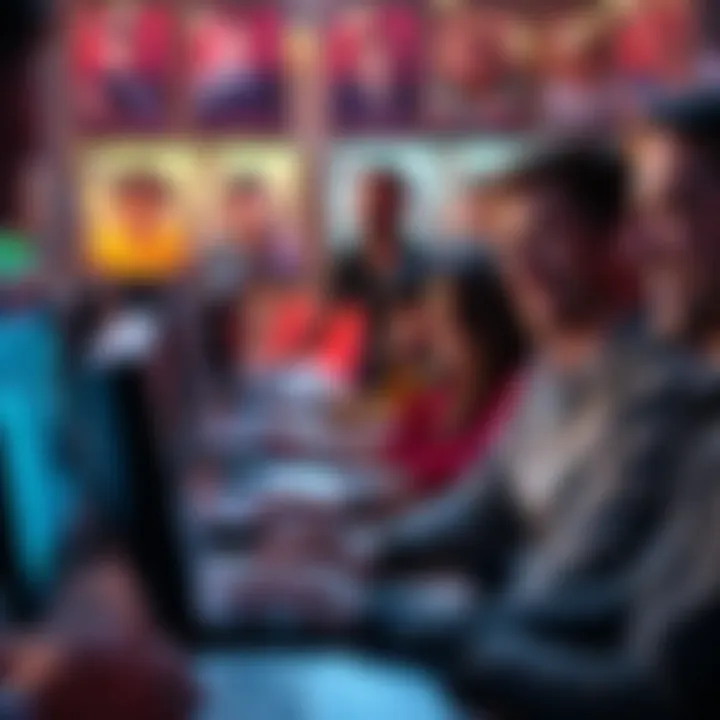 A group of people typing on computers, laughing and sharing humorous posts filled with chaos and trolling in an online chat, reflecting the vibrant online conversation of 2025.