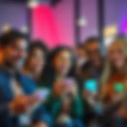 A group of diverse people smiling while using their phones, sharing moments on social media about the phrase 'Weeeee'