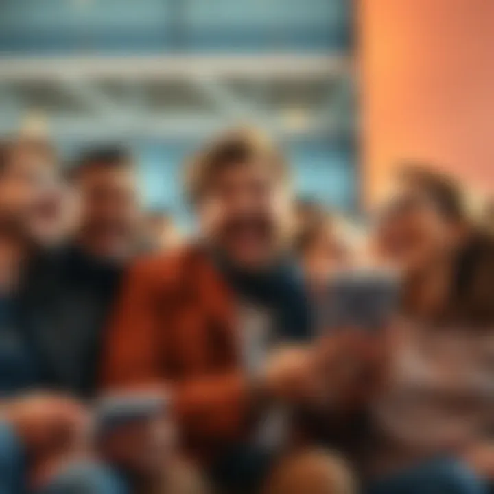 Group of people laughing and sharing jokes about recent space travel news on social media