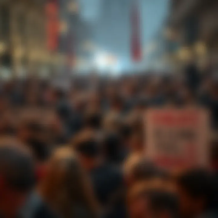 Crowd of people expressing frustration over Revolut's decision to become a Hungarian bank, with signs indicating rising fees and concerns about the government.