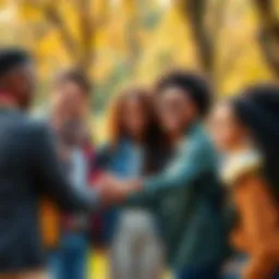 A group of diverse people smiling and helping each other in a park setting, showcasing kindness and positivity.