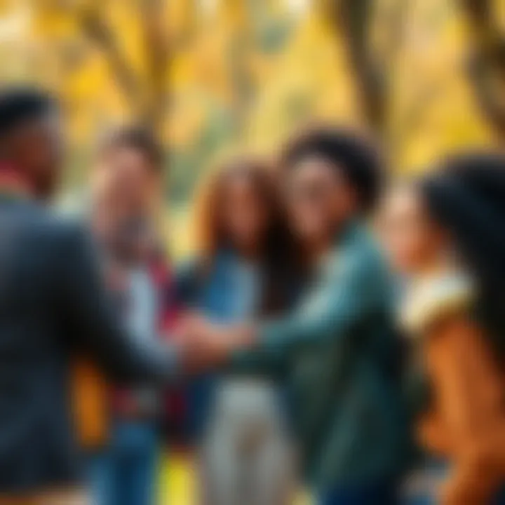 A group of diverse people smiling and helping each other in a park setting, showcasing kindness and positivity.