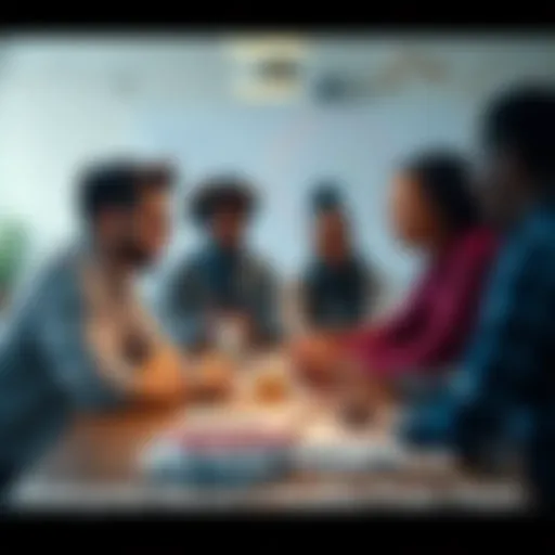 A group of diverse individuals engaged in discussion around a table, sharing ideas and learning from each other in a classroom setting.