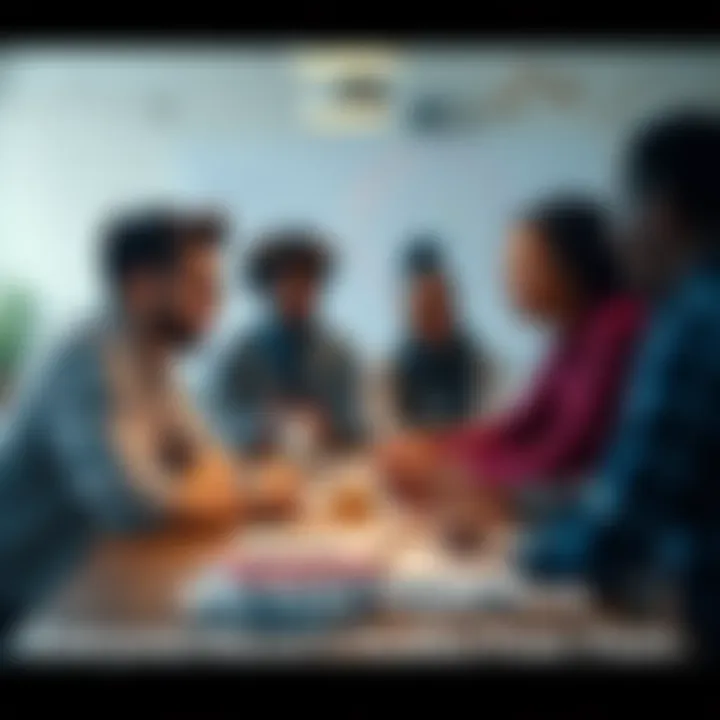 People sharing knowledge in a classroom A group of diverse individuals engaged in discussion around a table, sharing ideas and learning from each other in a classroom setting.