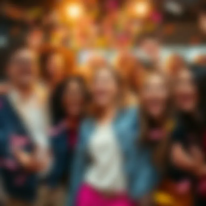 A group of diverse people celebrating together with confetti and cheerful expressions, showcasing joy and excitement.