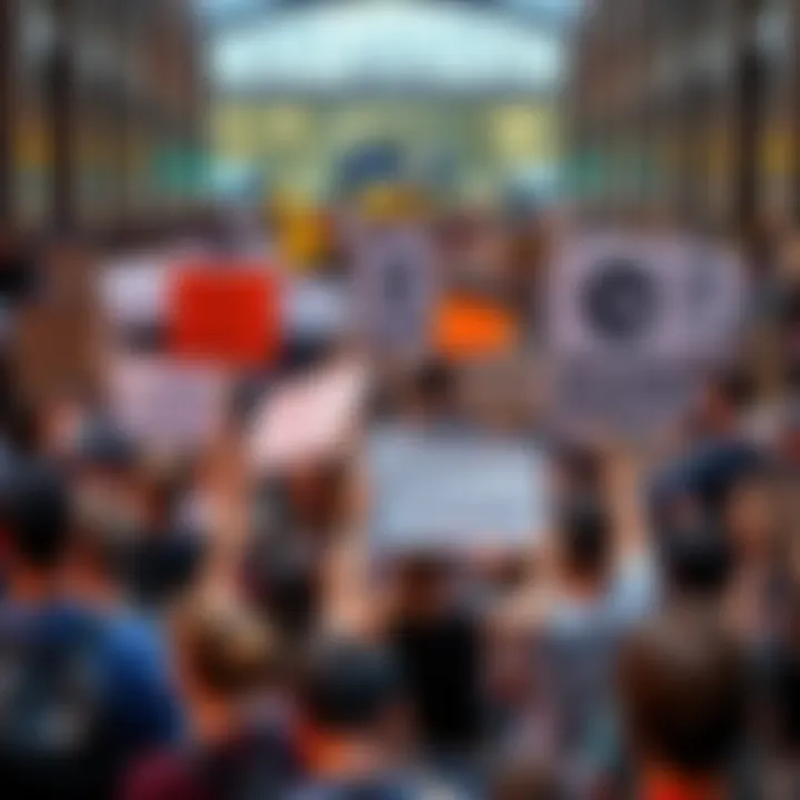 A diverse group of people holding up various signs showing support for different causes in a public space.