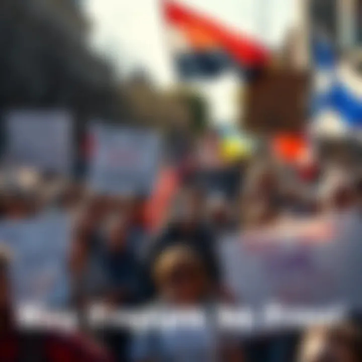A diverse group of people holding signs and banners, advocating for freedom and rights in a public demonstration.