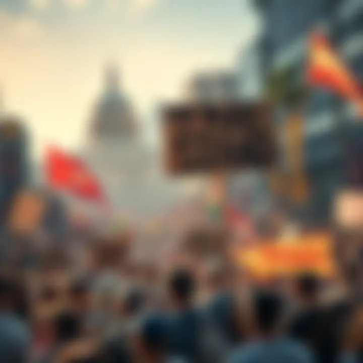 Crowd of diverse individuals holding signs and banners at a protest, unified in their call for action on social issues