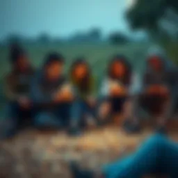 A group of people sitting together, sharing strange messages on their phones instead of working in the fields, with peanuts scattered around them.