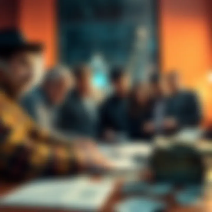 A group of people looking worried while discussing risky ventures over a table filled with documents and money