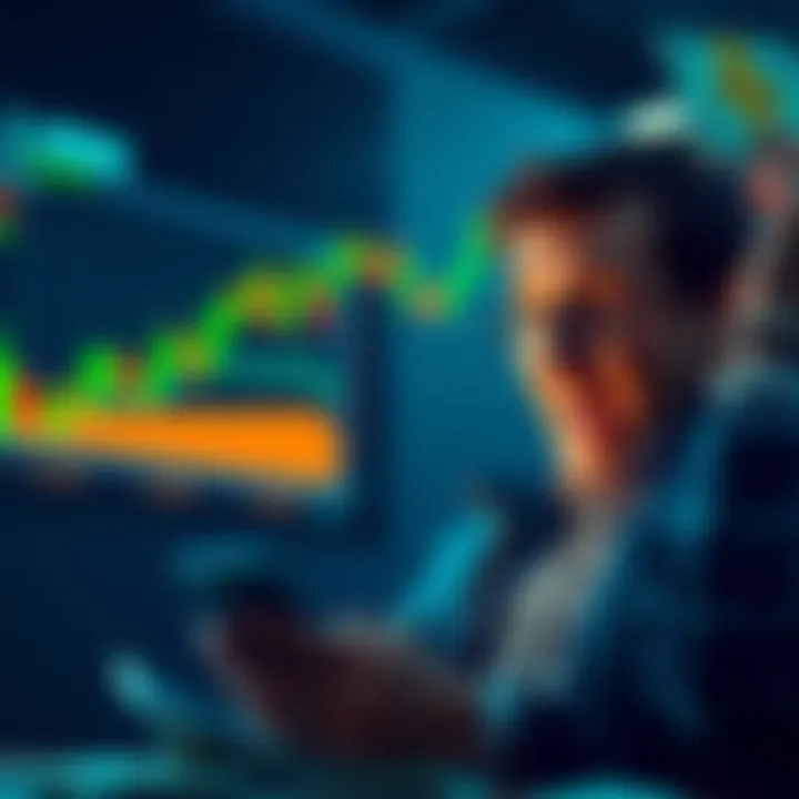 Individual looking excited while making a Bitcoin purchase on their phone, surrounded by market charts and cash