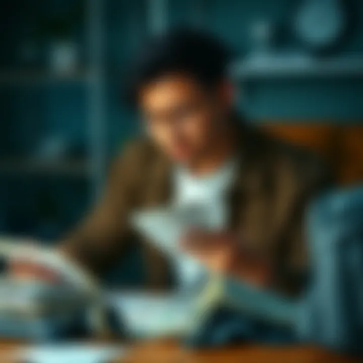 Individual stressed while reviewing bills, showing a $50 expense on a table, contrasting with their relaxed reaction to a large cryptocurrency loss, symbolizing emotional responses to money.