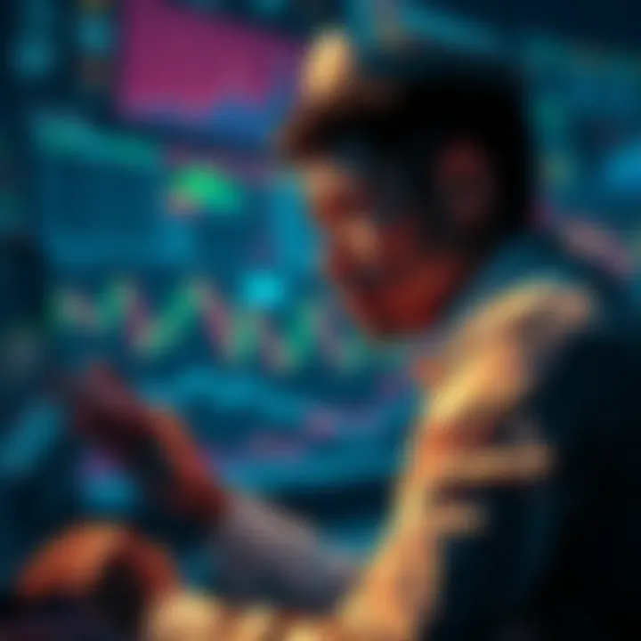 Individual looking worried while examining cryptocurrency charts and graphs, reflecting on whether to sell or hold their Kaspa holdings.